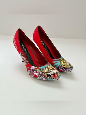 Ed Hardy Madrid Y2K Tiger Graphic Tattoo Print Stiletto Heels Red Sz 8